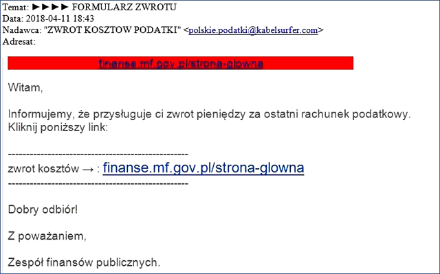 Przykładowy mail w którym jest informacja na temat zwrotu pieniędzy za ostatni rachunek podatkowy wraz z linkiem do strony www.finanse.mf.gov.pl 