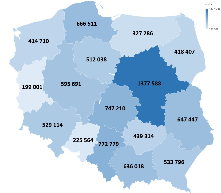 Mapa Polski z zaznaczonymi województwami i liczbami