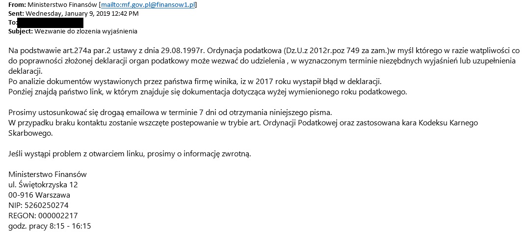 Przykład fałszywego e-maila