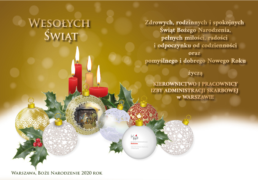 Tekst życzeń taki jak nad obrazkiem, napis: Wesołych Świąt oraz Warszawa, Boże Narodzenie 2020 rok. Na brązowo-białym tle świeczki i bombki, w jednej z nich szopka. 