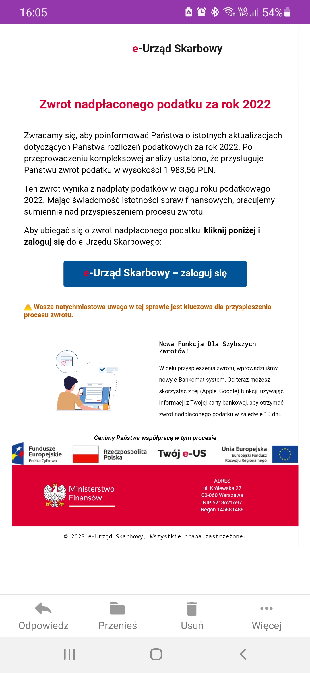 Grafika o fałszywych e-mailach o zwrocie nadpłaconego podatku za 2022 r.