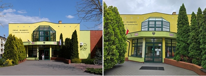 Żółty budynek Urzędu Skarbowego otoczony zielonymi drzewami i krzewami, z przeszklonym wejściem i napisem widocznym na elewacji.