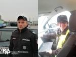 Dwa zdęcia: funkcjonariusz przed samochodem służbowym, funkcjonariuszka w samochodzie służbowym