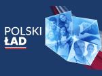 Napis Polski Ład i grafika: twarze osób wpisane w kontury granic Polski
