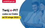 Sylwetka kobiety i mężczyzny, którzy siedzą przed komputerem i napis Twój e-PIT czeka na Ciebie od 15 lutego 2022 r.