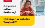 Grafika z napisem Już ponad milion deklaracji złożonych w usłudze Twój e-PIT, adresem strony podatki.gov.pl, na zdjęciu kobieta przy komputerze