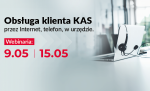 Napis - Obsługa klienta KAS przez Internet, telefon, w urzędzie. Webinaria 09.05 i 15.05. W tle laptop i słuchawki.
