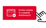 Grafika z symbolicznym kalendarzem i wskazującą dłonią. Napis: Umów wizytę w urzędzie skarbowym.