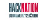 Kolorowy napis hacknation zaprogramuj przyszłość Polski na białym tle