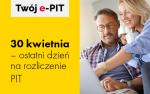 Grafika dekoracyjna - kobieta i mężczyzna patrzą na laptop obok napis Twój e-PIT 30 kwietnia ostatni dzień na rozliczenie PIT