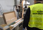 Pracownik służby celno-skarbowej nadzoruje linię produkcyjną maszyn pakujących papierosy.
