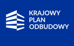 Na niebieskim tle biały napis Krajowy Plan Odbudowy i białe logo programu