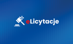 Grafika dekoracyjna, na niebieskim tle młotek licytacyjny i biały napis eLicytacje (litera 